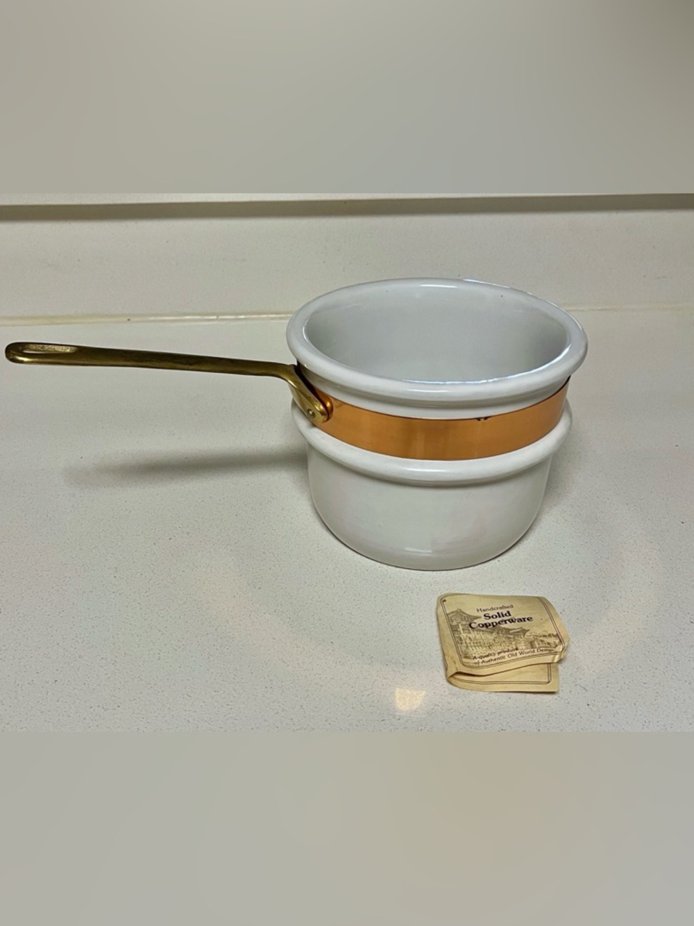 Vintage Copper & Ceramic Double Broiler w/ Brass Handle Pan No Pot Made in Korea